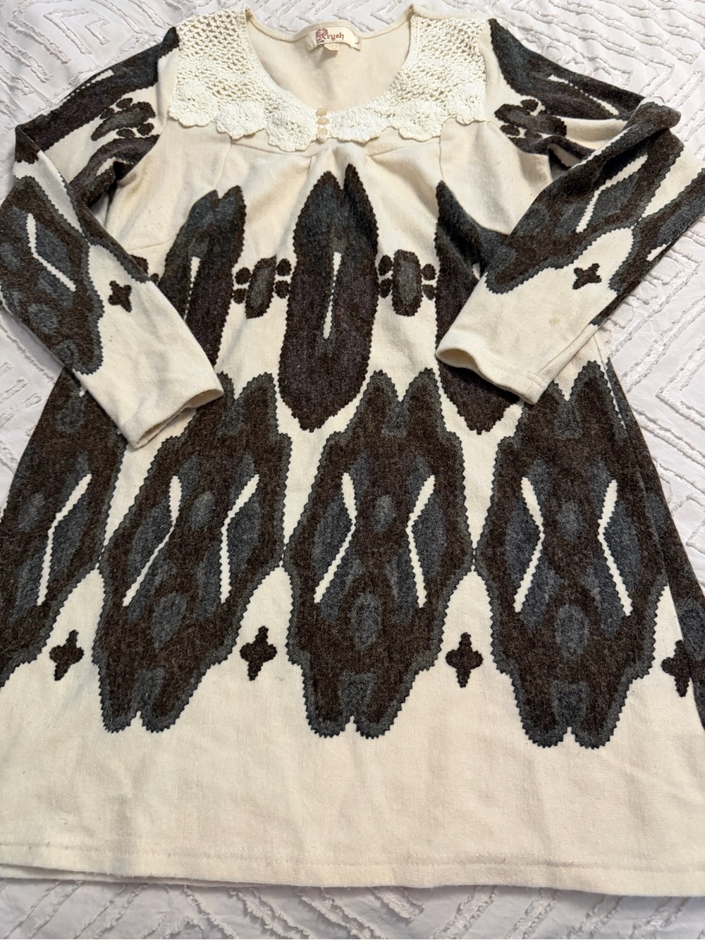 Aryeh Cream and Brown Patterned Knit Dress with Lace Collar